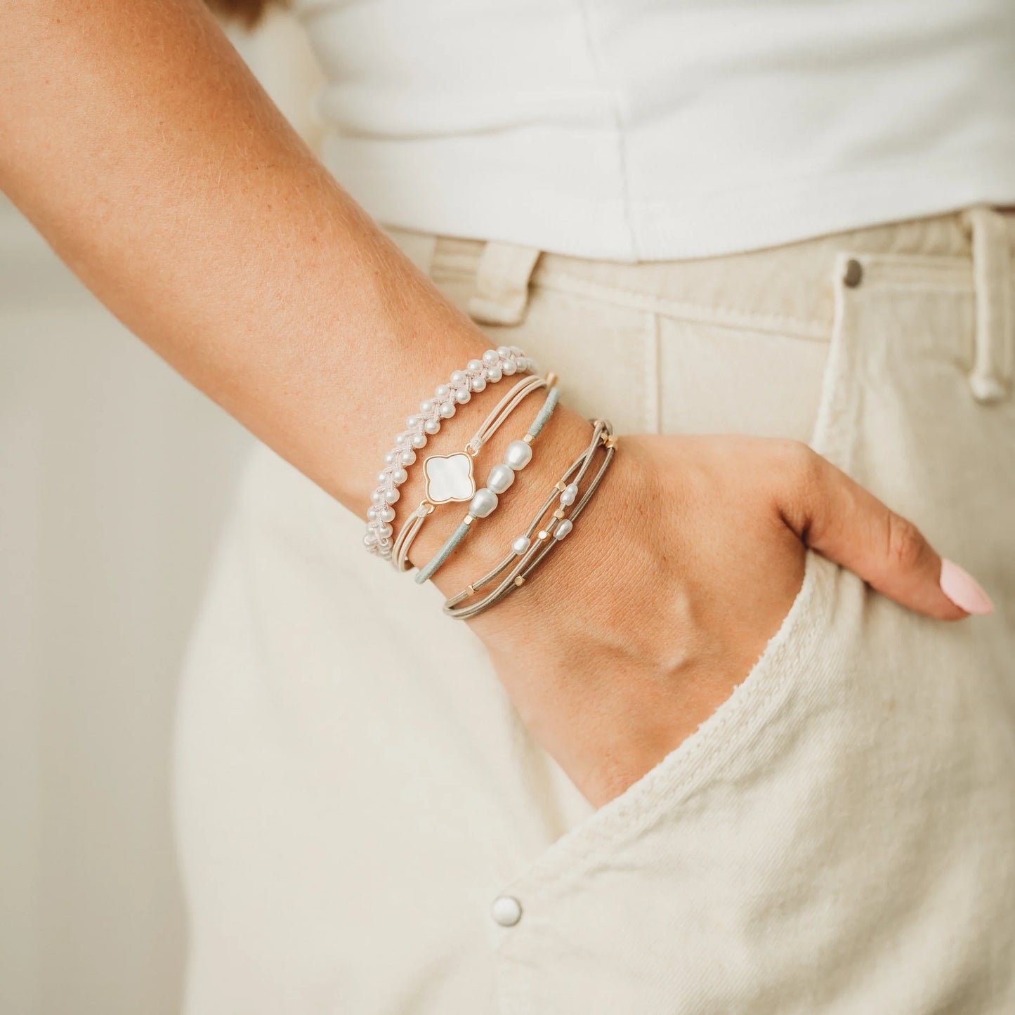 K'Lani "Glimmer" Soft Pinks with Pearl & Gold Accent Hair Tie Bracelets