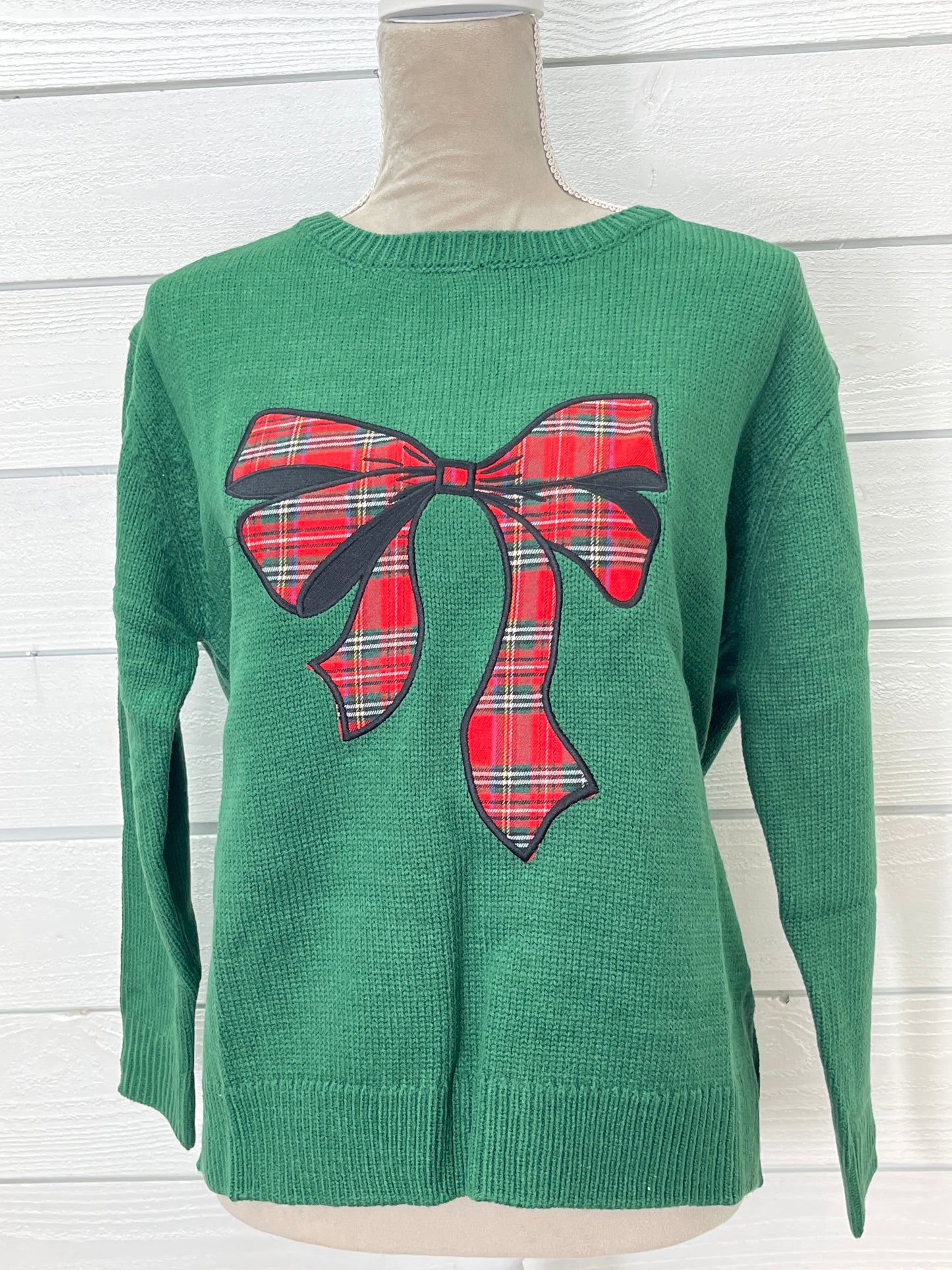 Pippa Sweater- Green With Tartan Plaid Bow