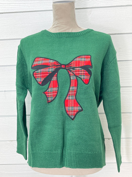 Pippa Sweater- Green With Tartan Plaid Bow