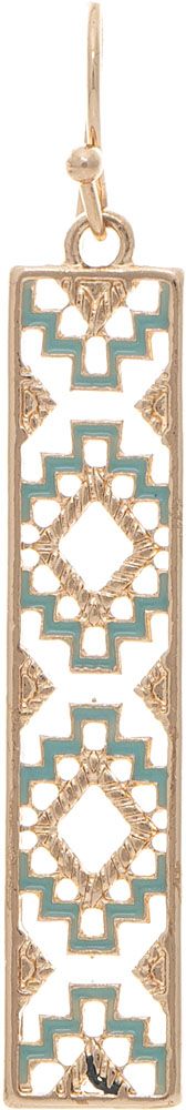 Gold Aztec Cutout Blue Inlay Bar Earring