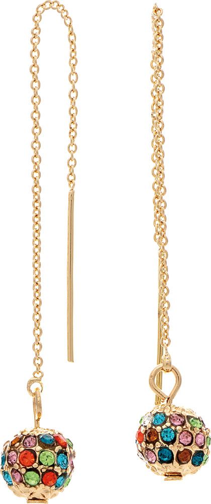 Gold Multi Color Crystal Ball Thread Chain Earring