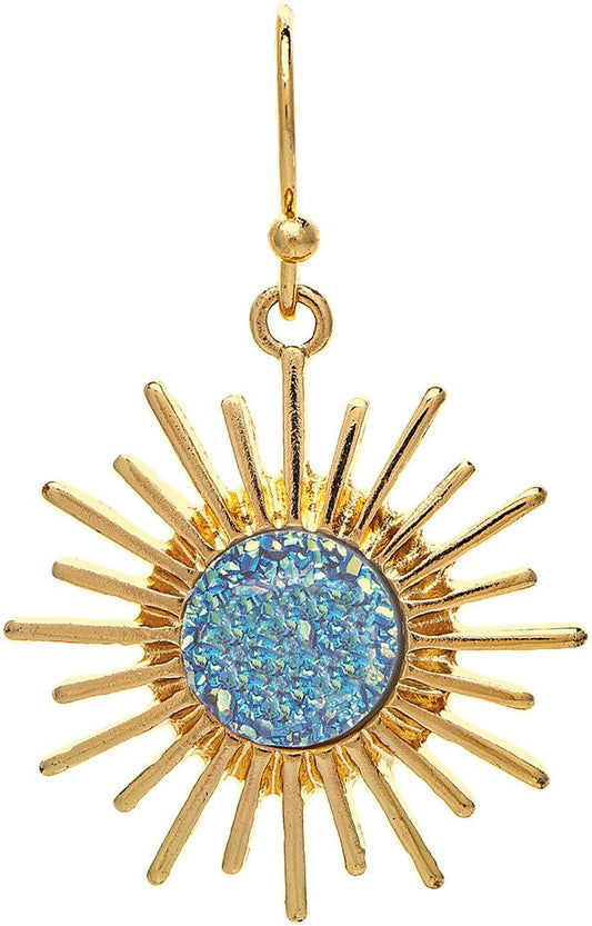 Gold Blue Druzy Center Sunburst Earring