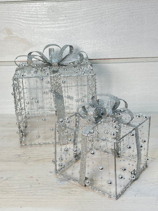 Metal Beaded Gift Box Decor Set Of 2