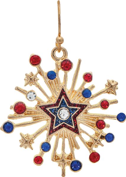 Gold Red White and Blue Fireworks Star Centered Crystal Earrings