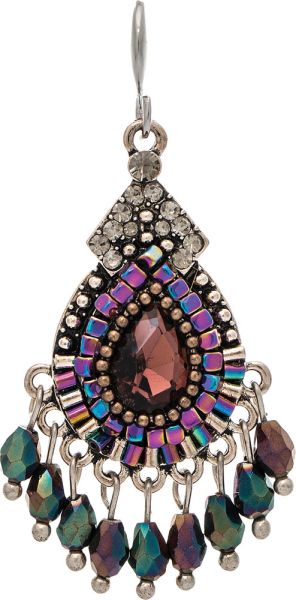 Gold Purple Beaded Fringed Teardrop Earrings