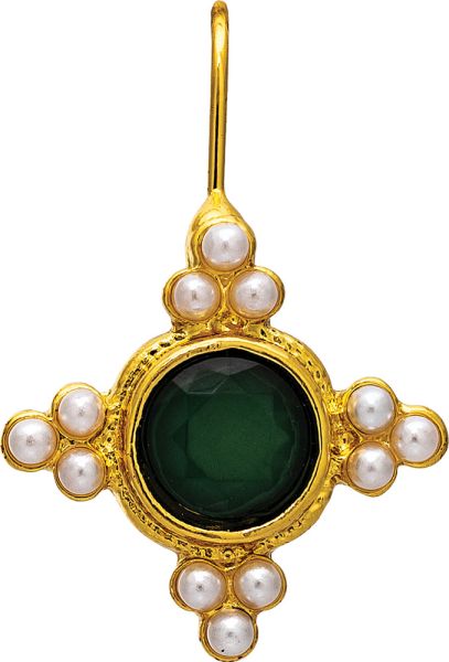 Gold Emerald Green Gem Faux Pearl Earrings