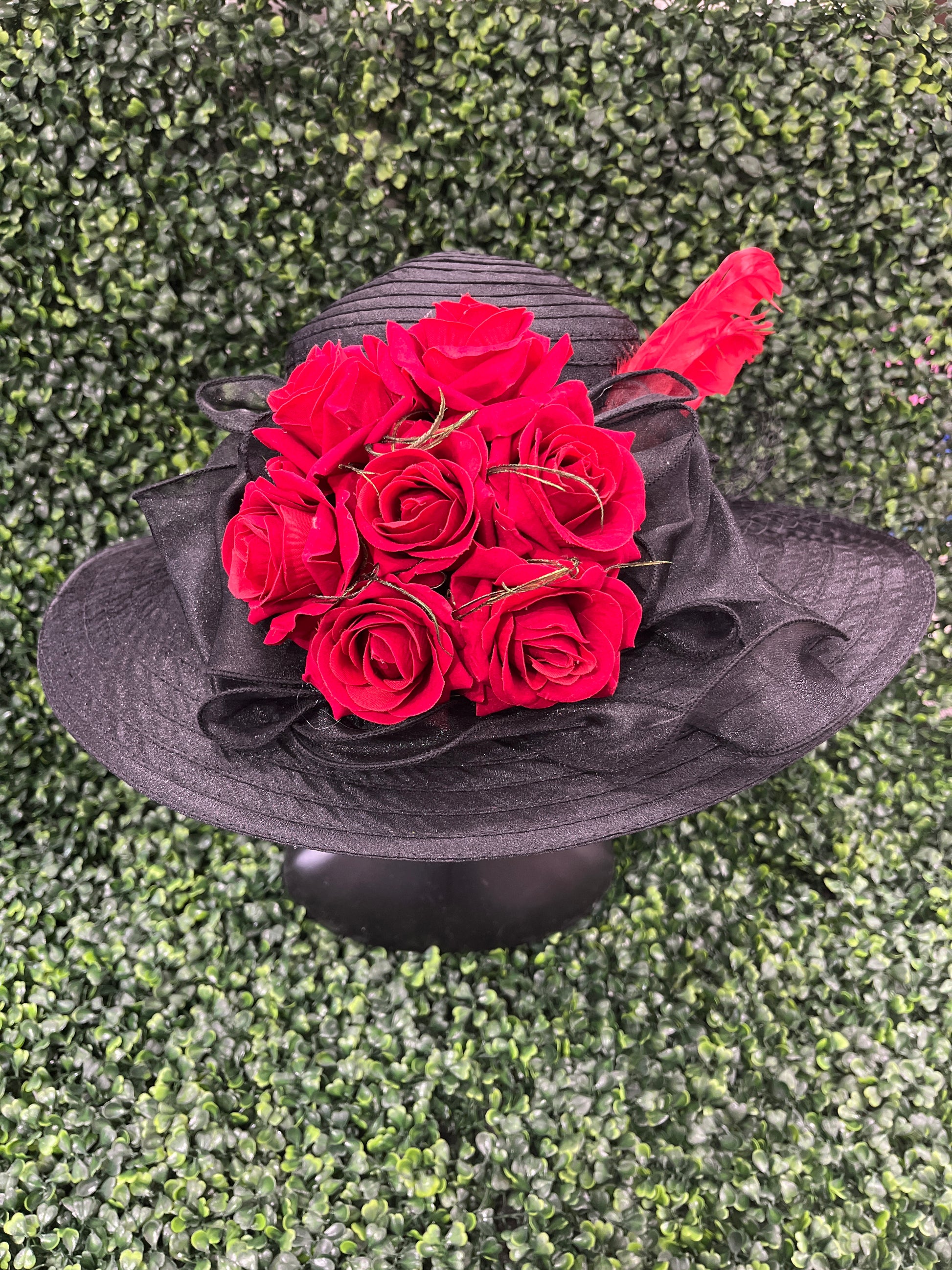 Black Derby Hat With Red Rose Detail