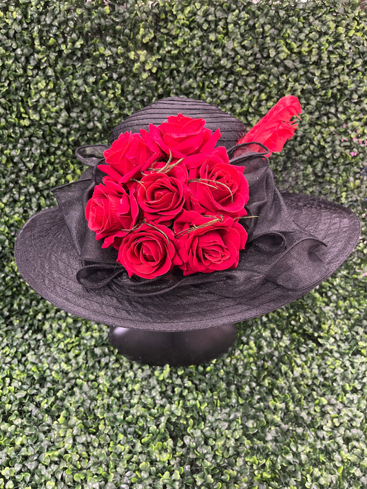 Black Derby Hat With Red Rose Detail