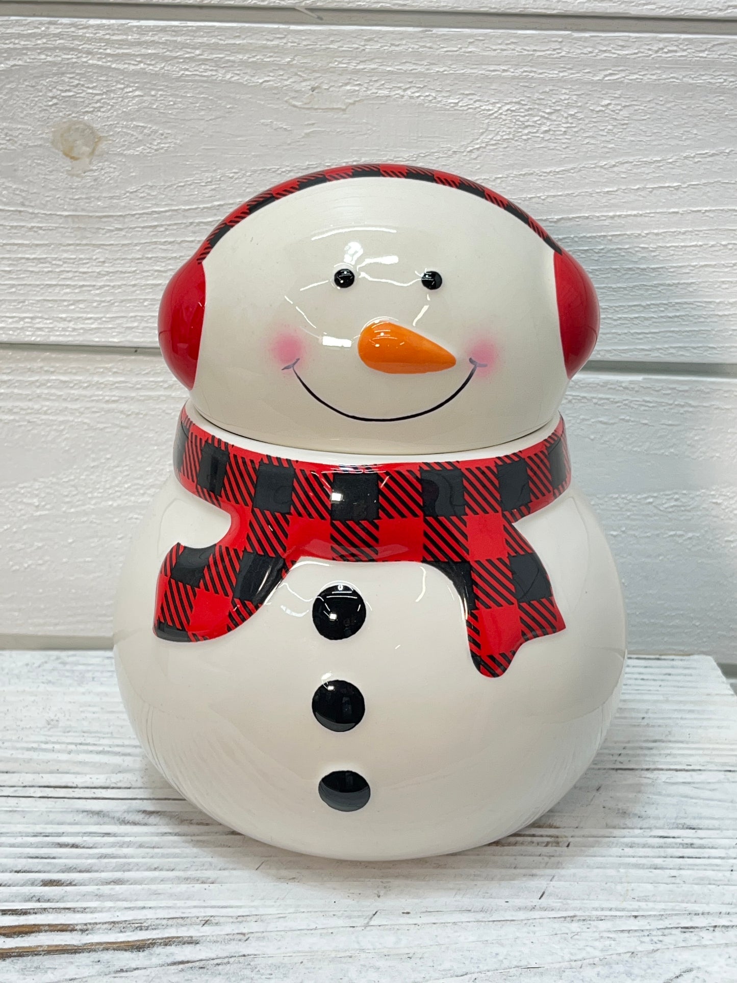 Snowman Cookie Jar Buffalo Plaid