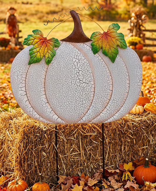 Large White Crackle Metal Pumpkin Yard Stake