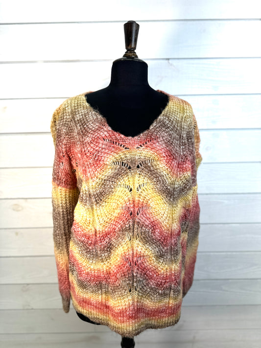 Coral/Mocha Ombre Stripe V Neck Sweater