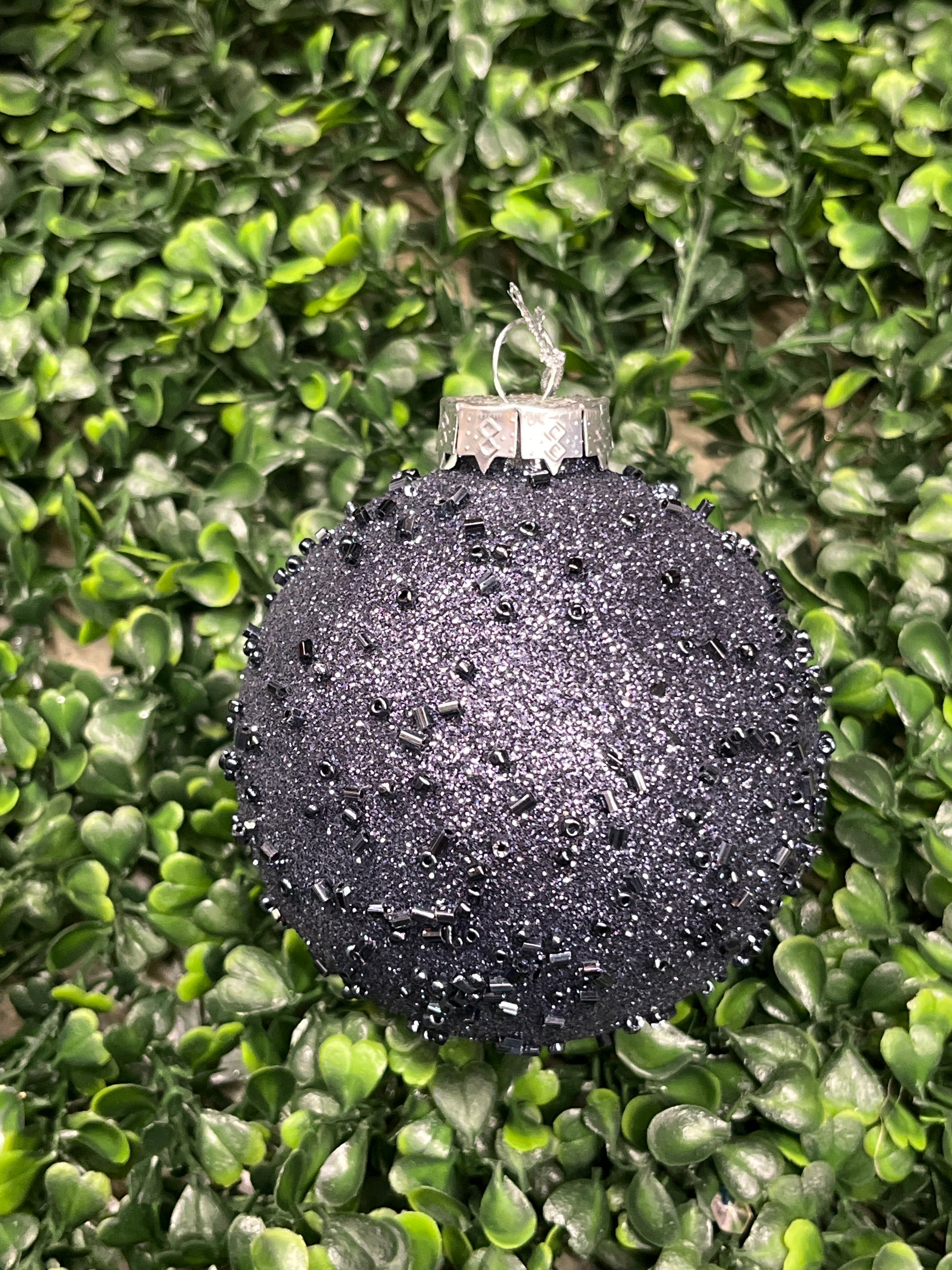 Navy Blue Glass Glitter And Beaded Ornament