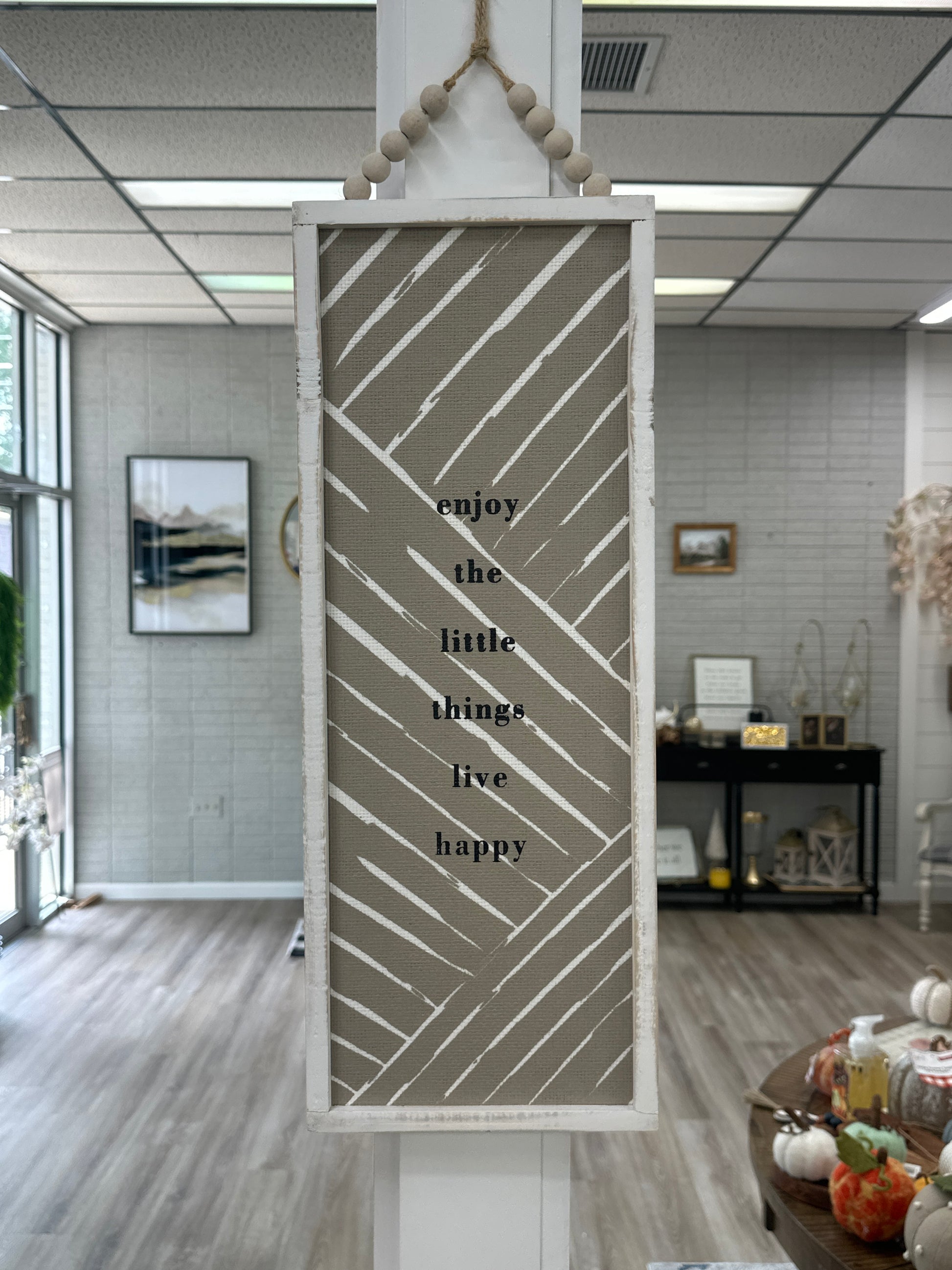 White Framed Striped Woven Sign
