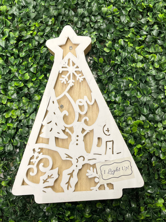 Wooden Light Up Christmas Tree With Carved Scene