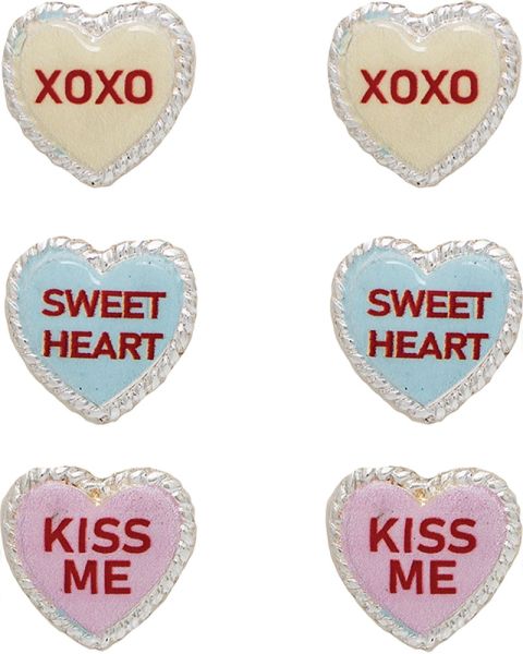 Silver Pastel Yellow, Blue and Pink XOXO, SWEET HEART, KISS ME Conversation Hearts Valentines Post Earring Trio