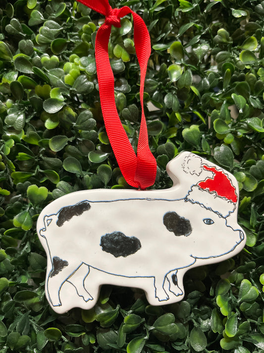 Ceramic Pig With Santa Hat Ornament