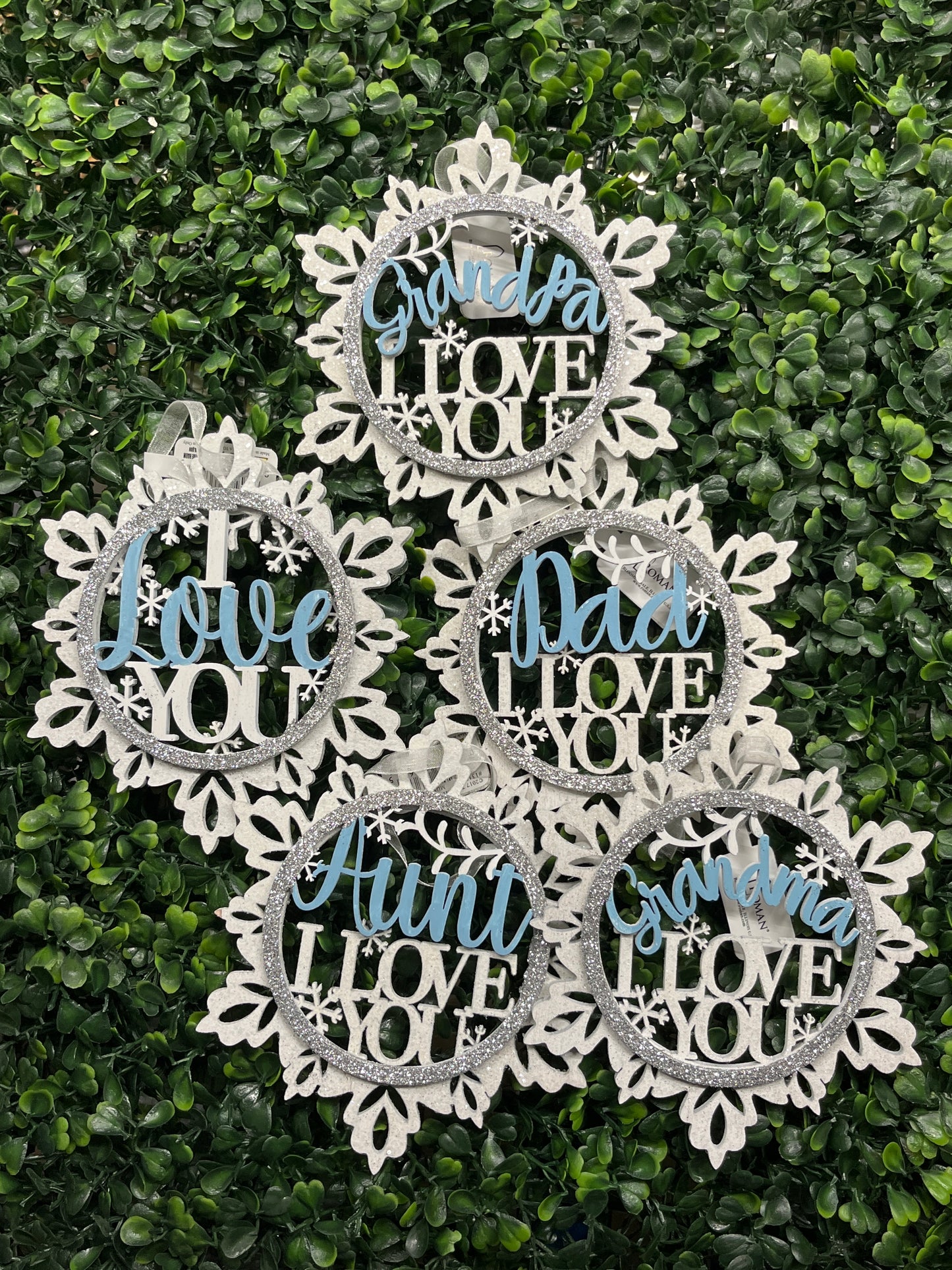 Wooden Snowflake "I Love You" Ornament