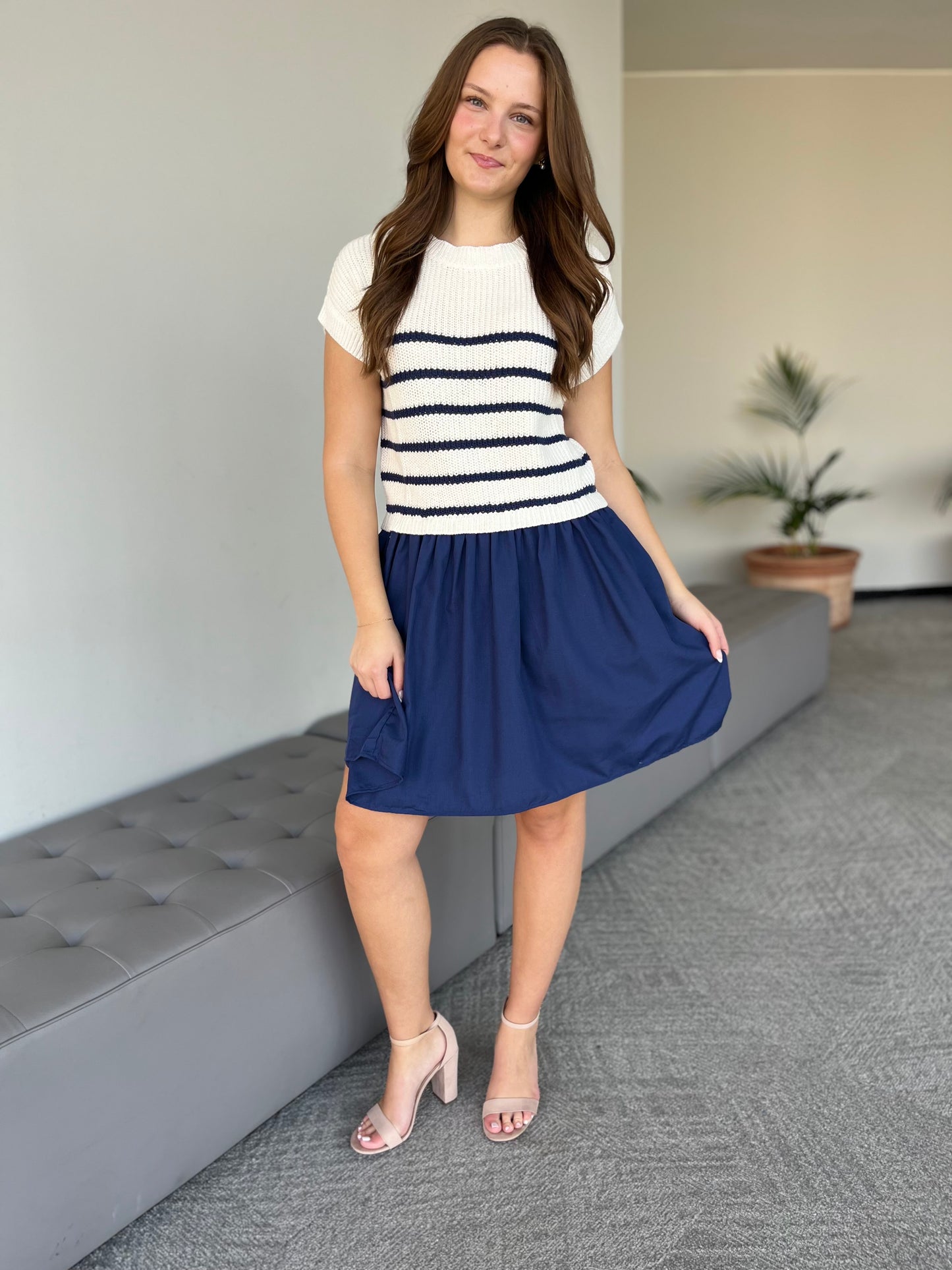 Sweater Top Dress With Navy Skirt & Stripes