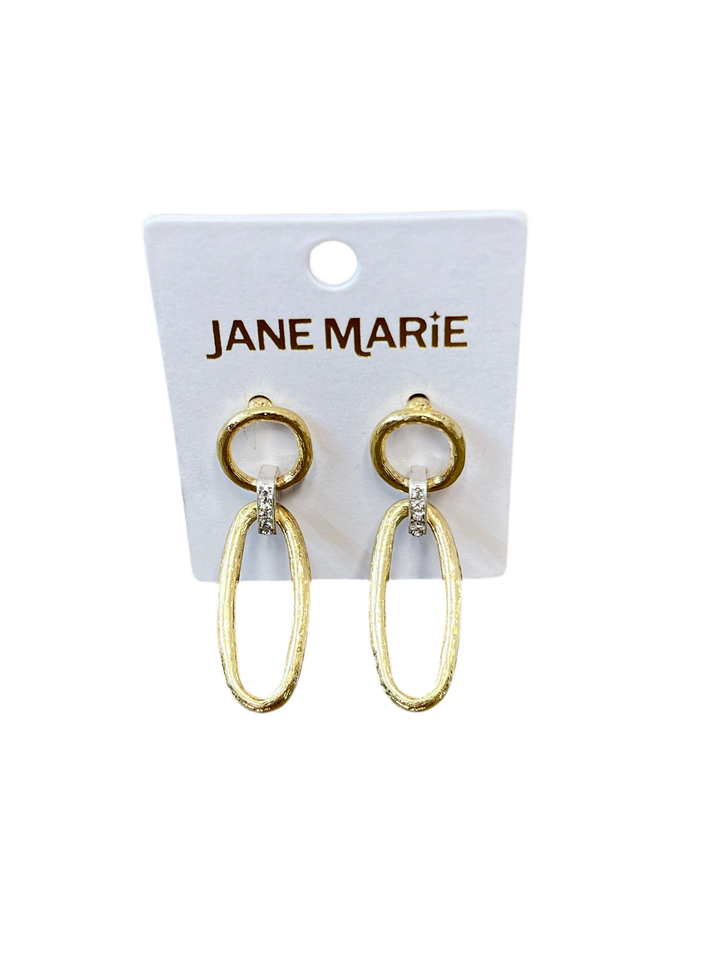 Gold Open Circle Earring With Silver Crystal Connector & Long Open Oval