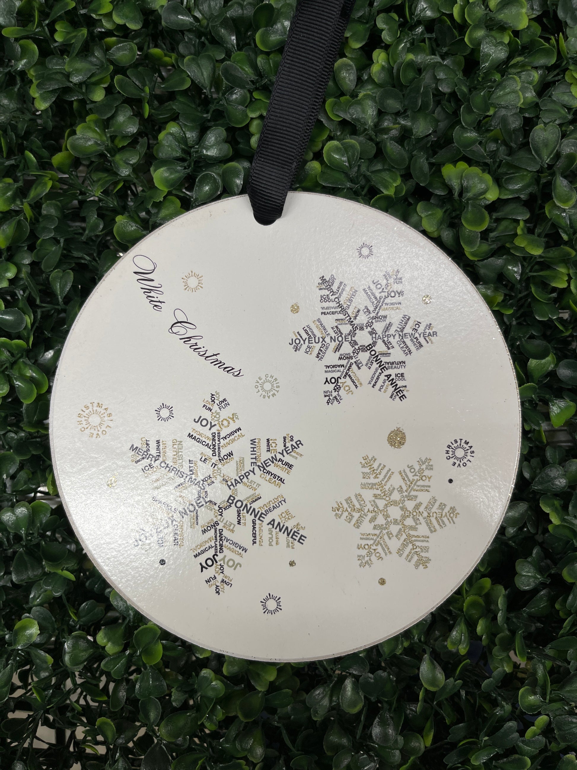 Wood Disc Ornament White With Gold And Black Accent