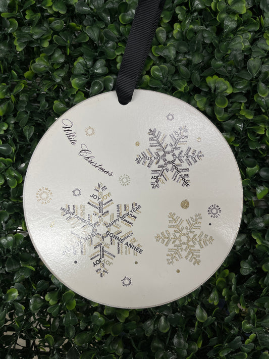 Wood Disc Ornament White With Gold And Black Accent