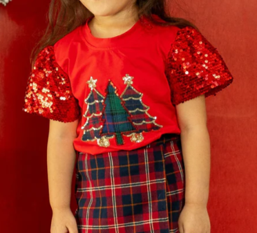Southern Grace Youth Festive Forest Top With Sequin Sleeves