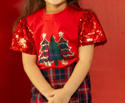Southern Grace Youth Festive Forest Top With Sequin Sleeves
