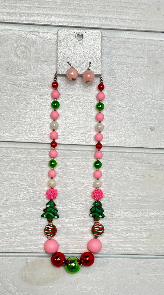 Pink & Green Beaded Christmas Necklace With Earrings Set