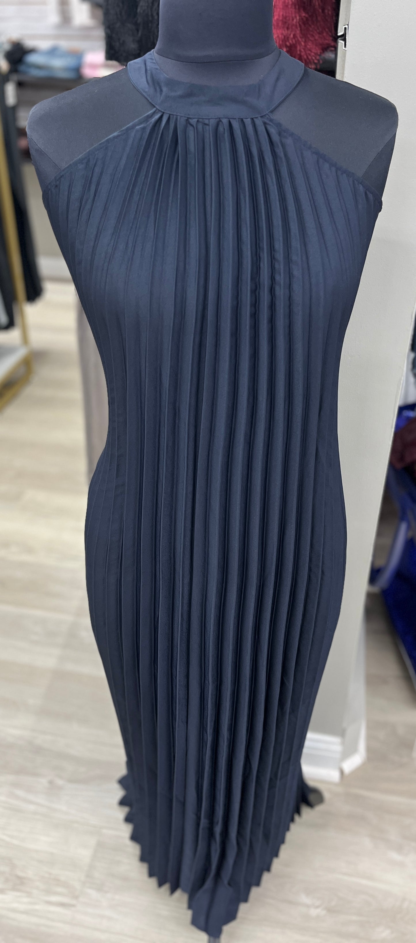 Dark Navy Pleated Satin Maxi Dress