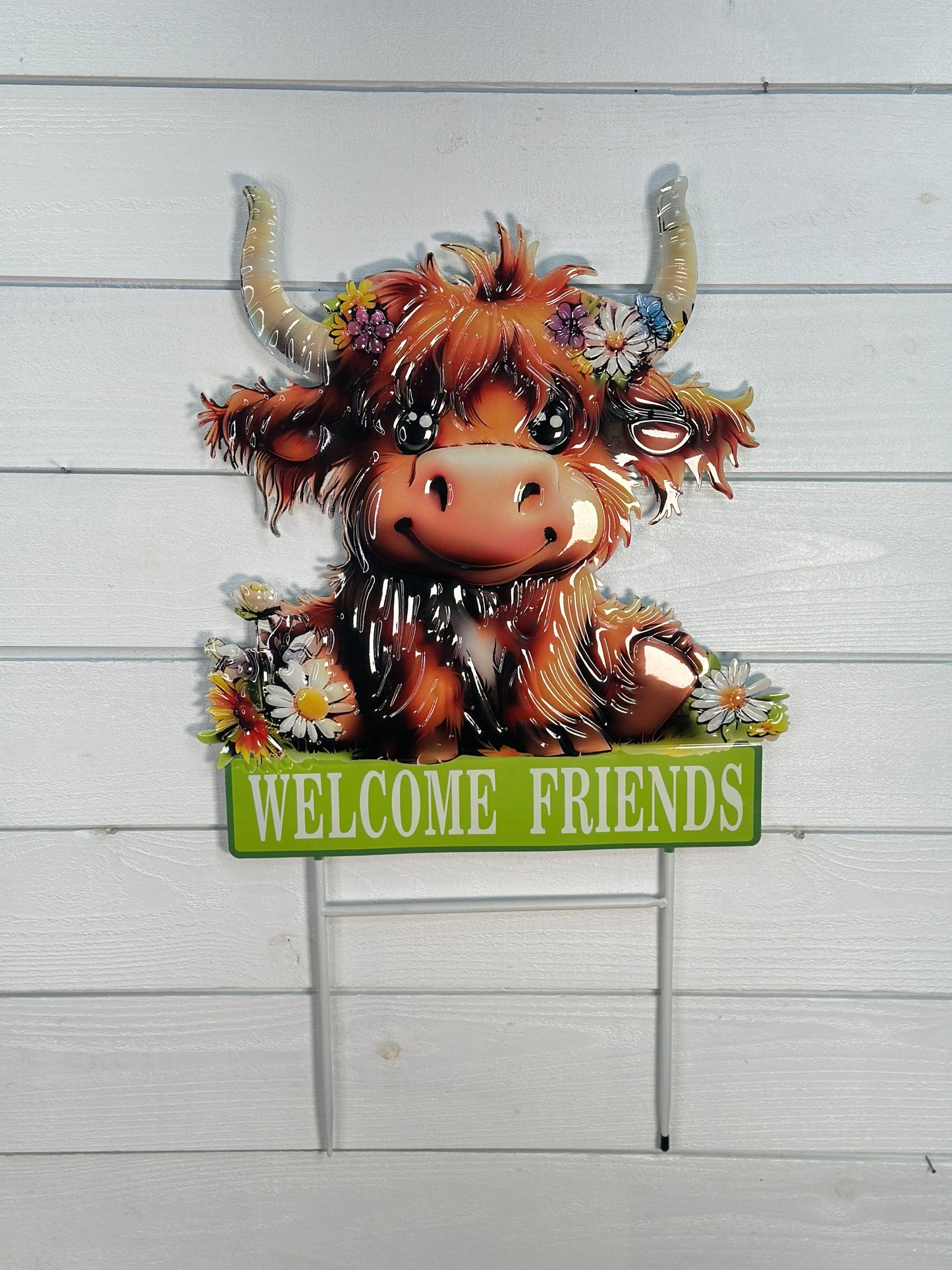 Metal Hairy Cow Welcome Friends Yard Stake