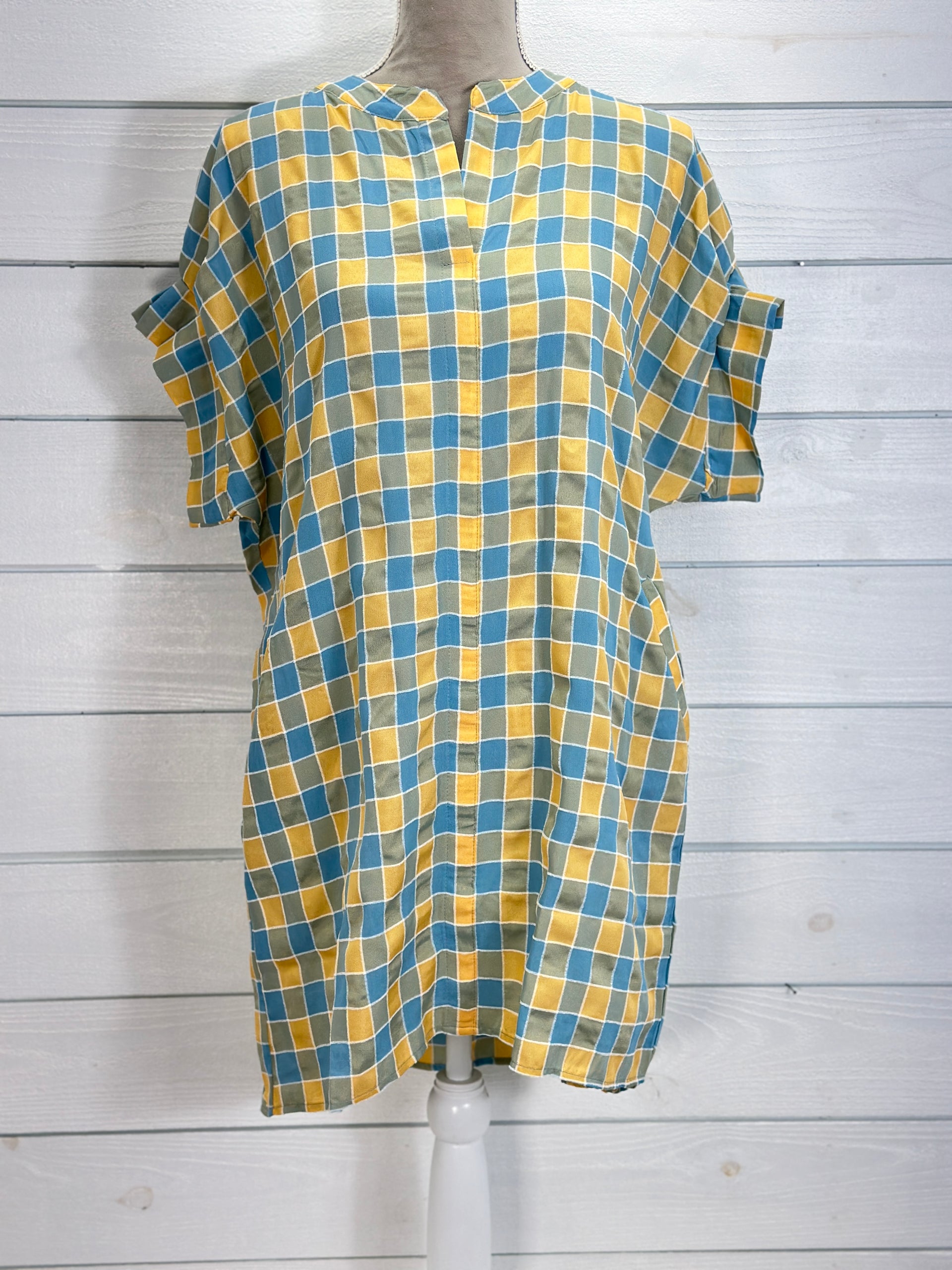 Yellow and Blue Checkered V-Neck Dress with Pockets – Rachelle Danielle Rose Gifts & Decor