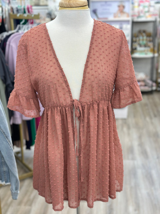 Dried Rose Baby Doll Style Swiss Dot Cardigan