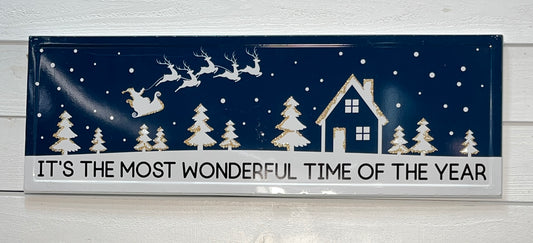 Christmas Blue & White Metal Sign Glitter Accent