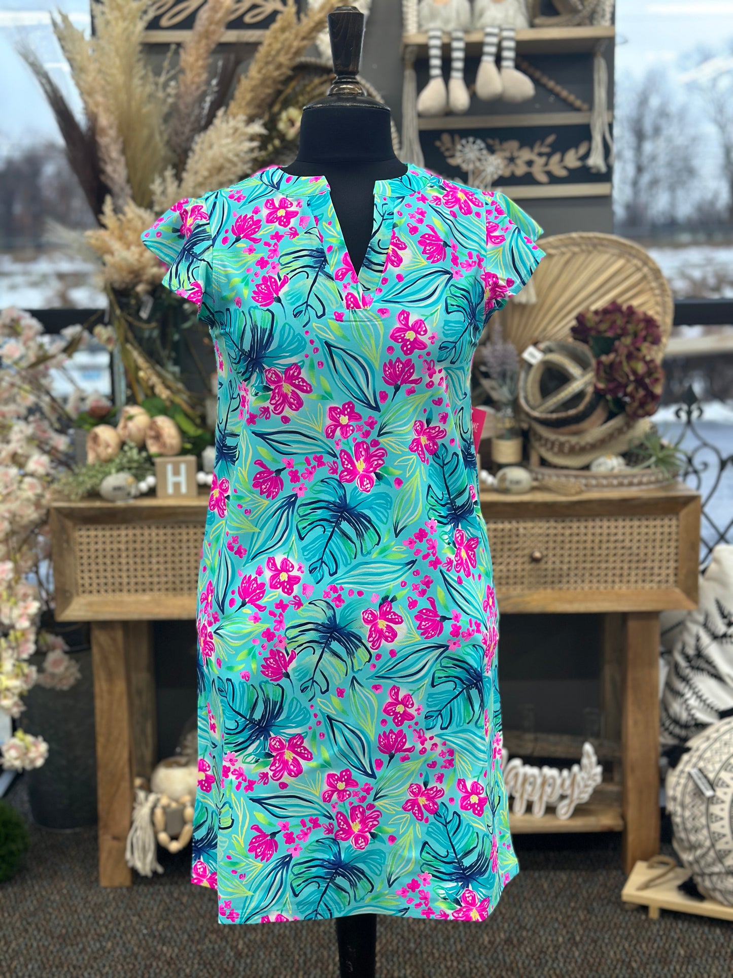 Floral and Leaf Mint Flutter Cap Sleeve Dress