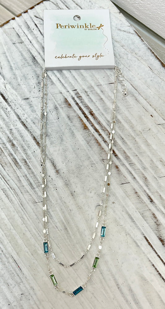Silver Necklace With Blue Rectangle Crystals