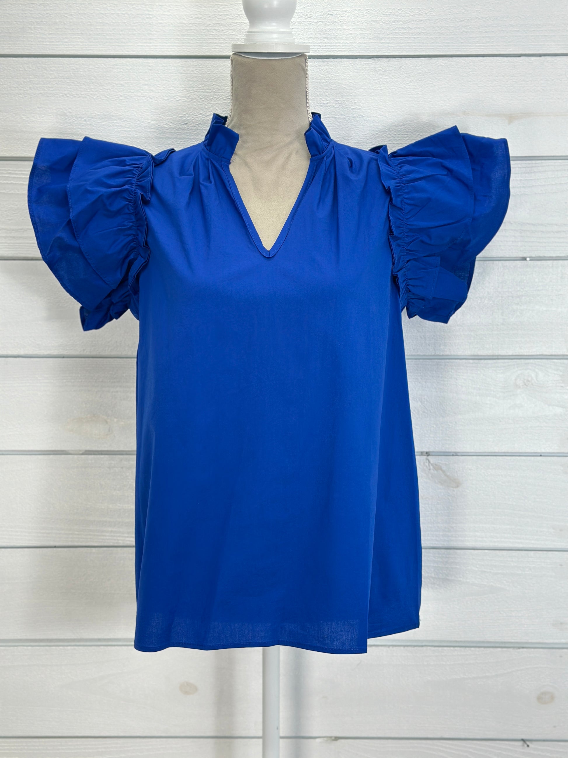 Royal Blue V-Neck Ruffle Sleeve Top