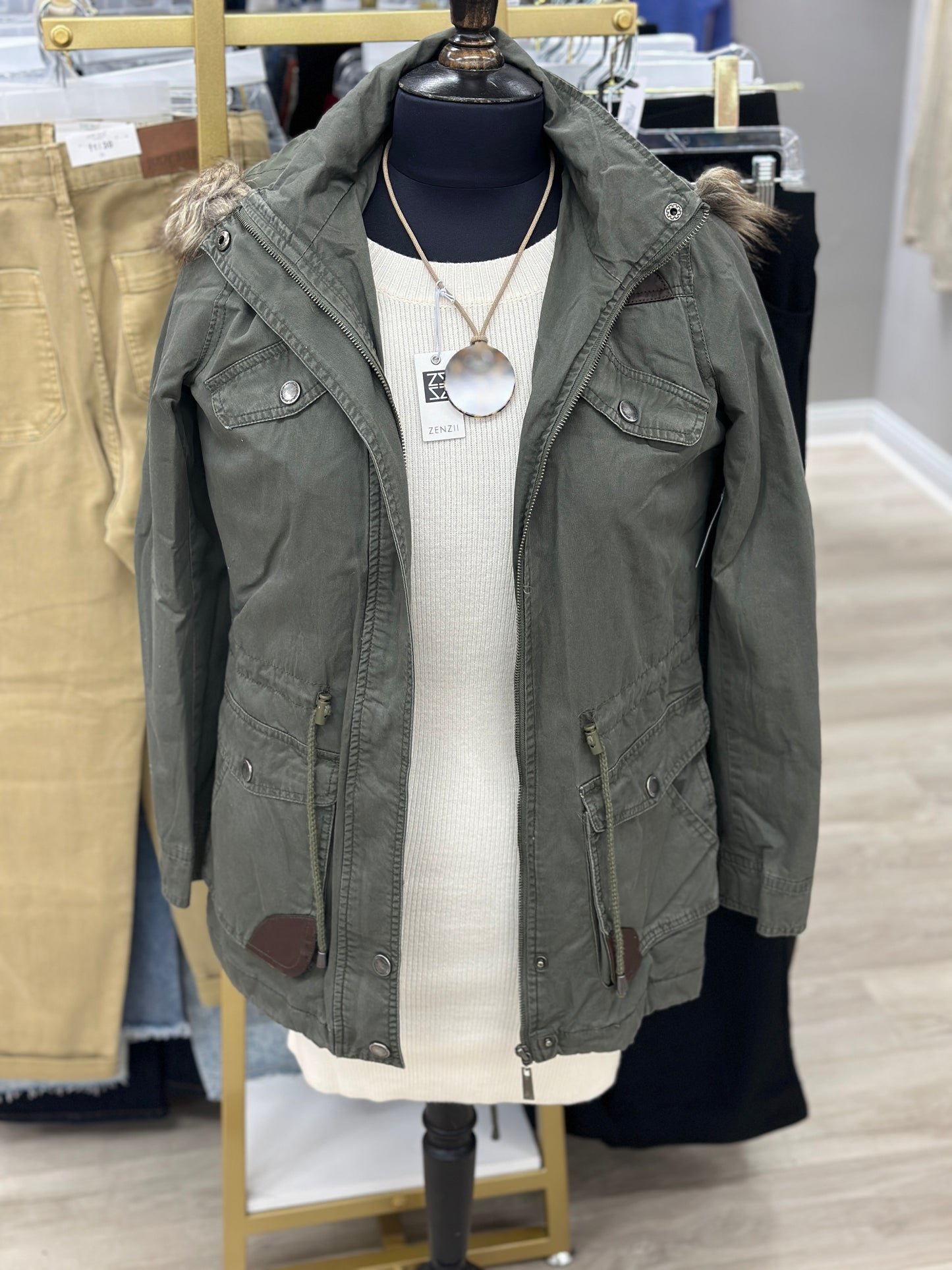 Olive Jacket With Fur Hood