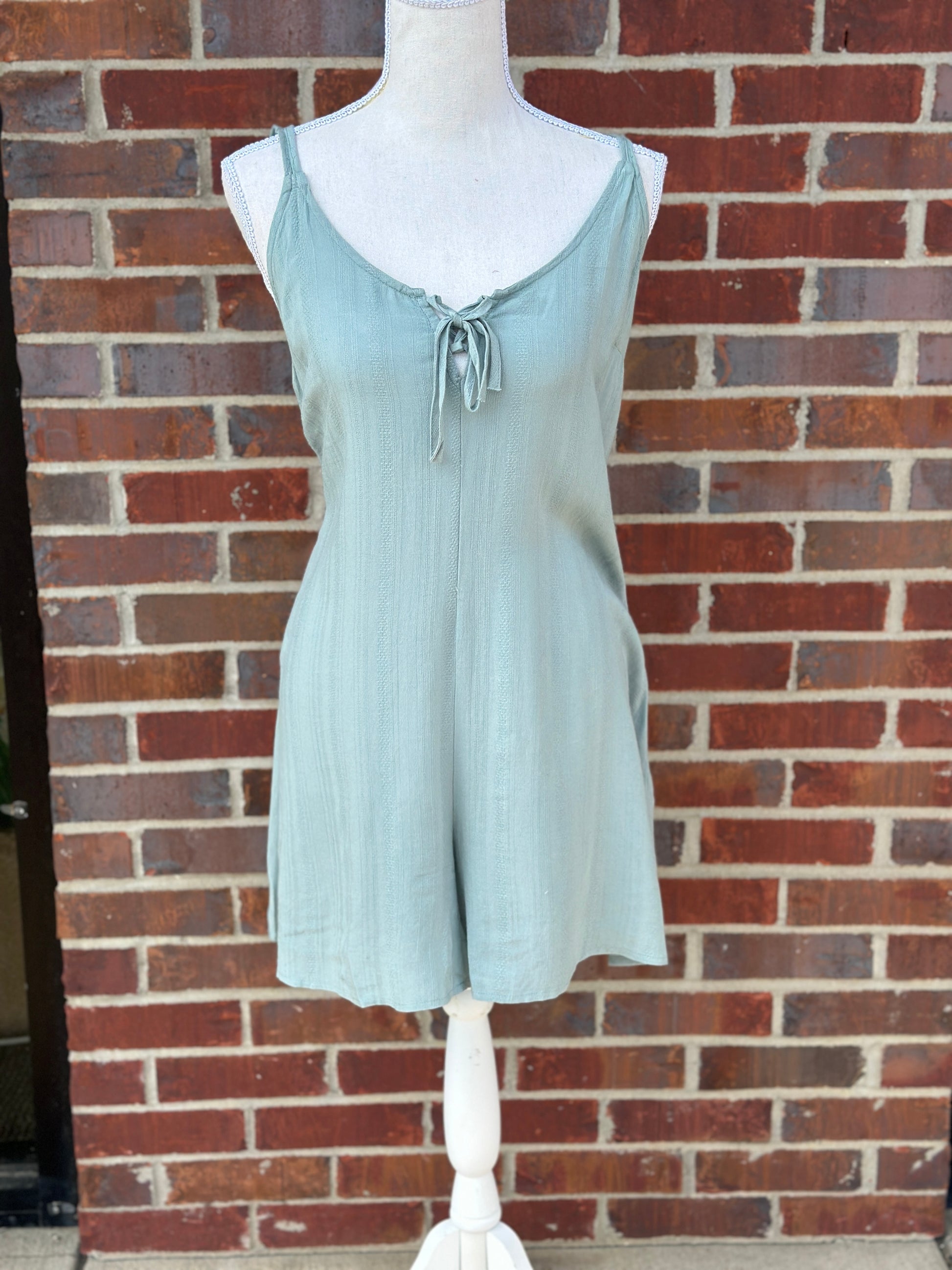 Sage Lace Up Mini Ruffle Cami Romper