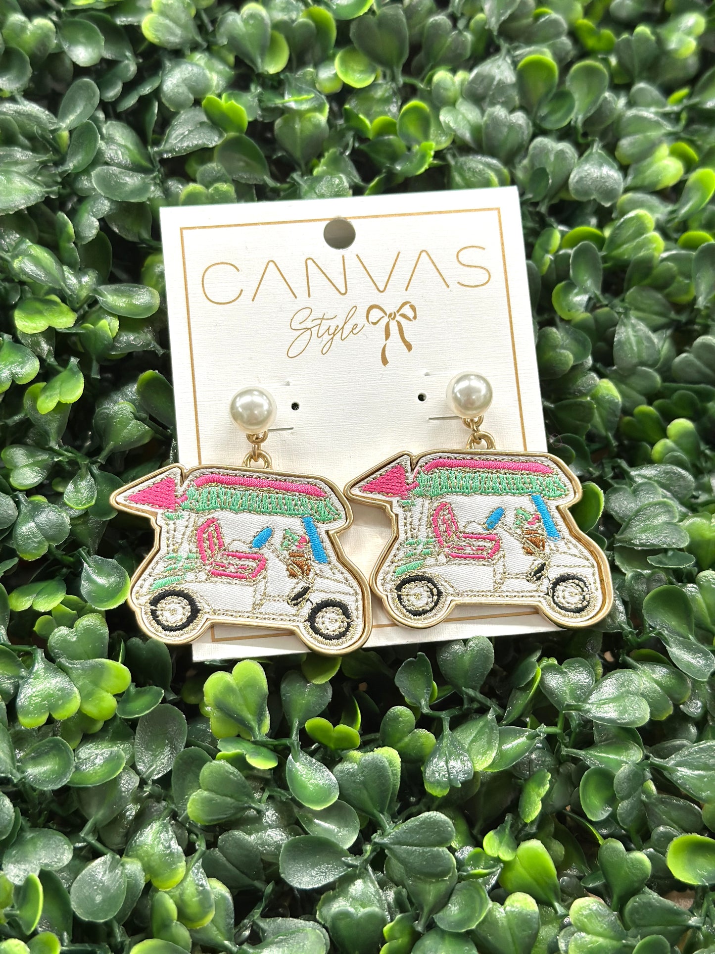 Canvas Style Golf Cart Earring Pink and Green