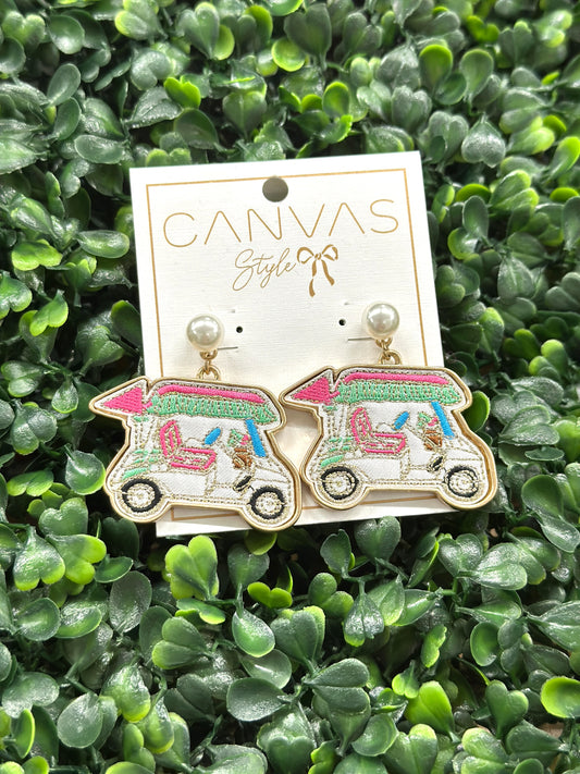 Canvas Style Golf Cart Earring Pink and Green