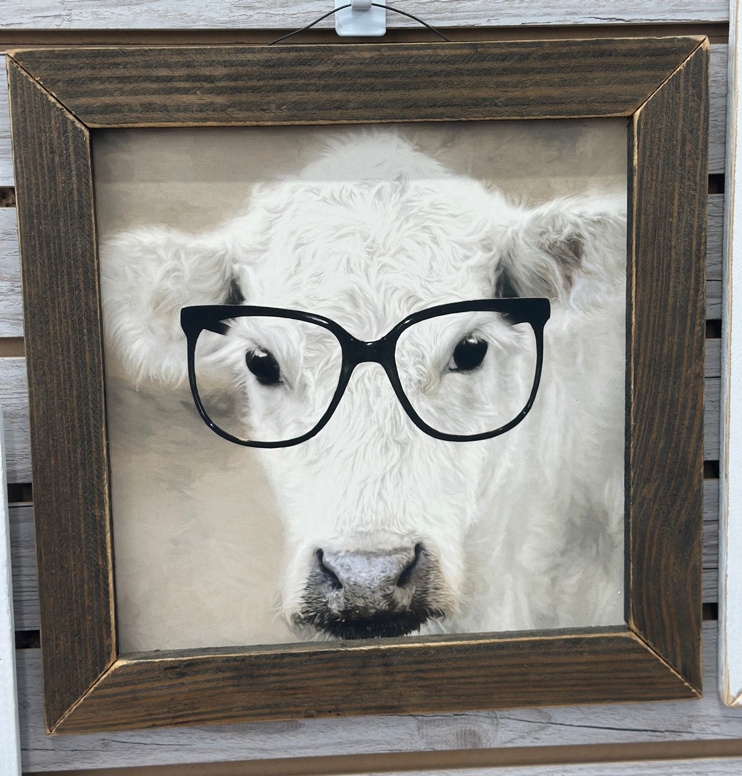 See Clearly Cow W/ Glasses Picture With Brown Frame