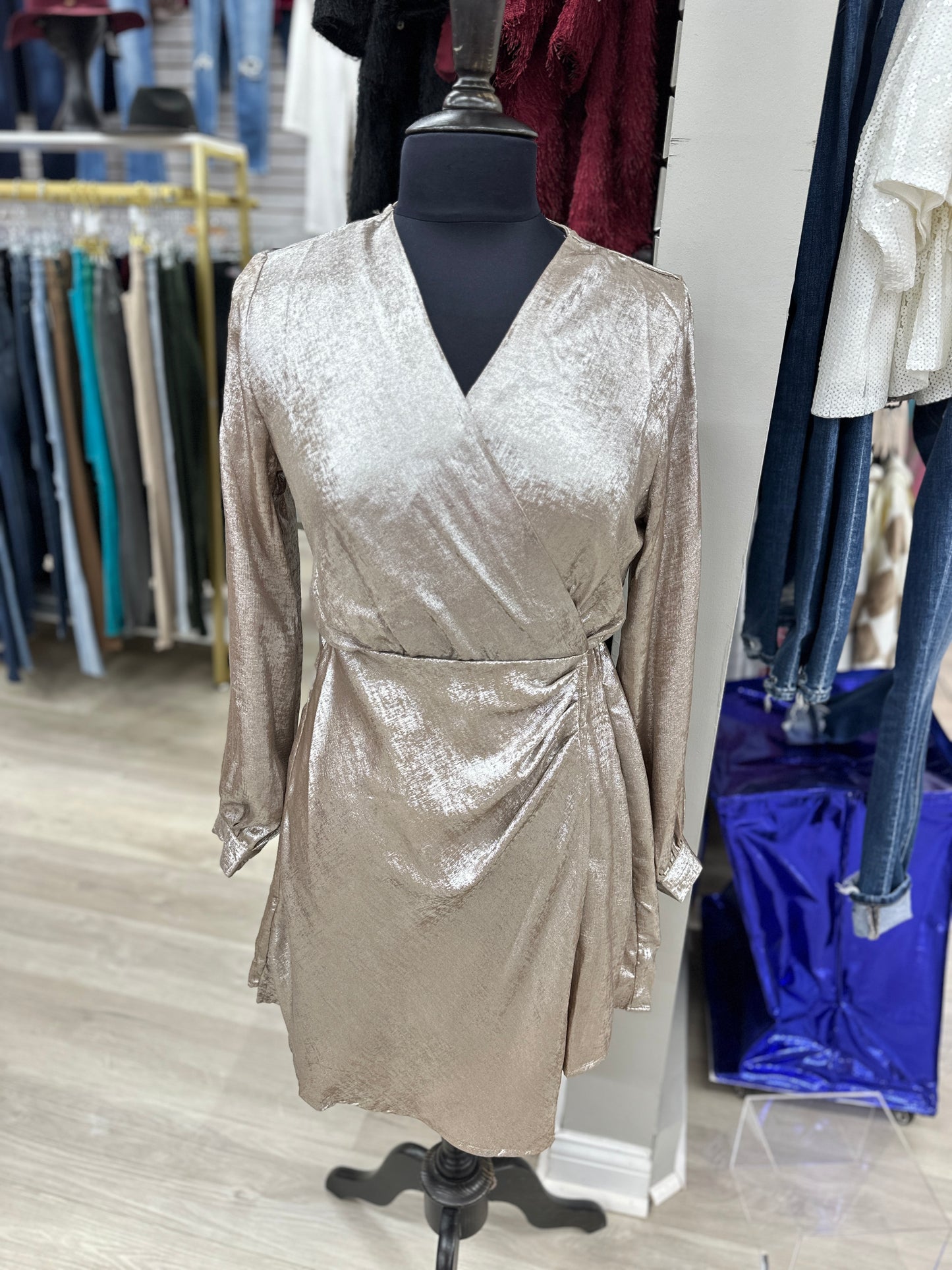 Metallic Surplice Long Sleeve Midi Dress- Champagne Gold