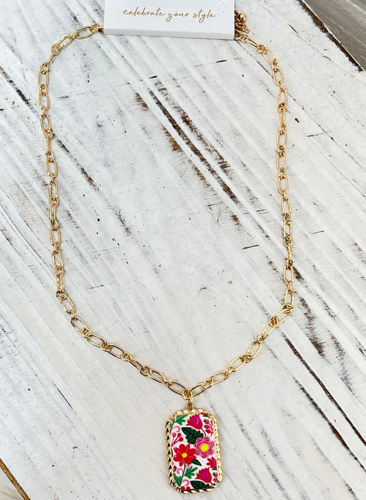 Pink and Green Floral Pendant Gold Tone Necklace