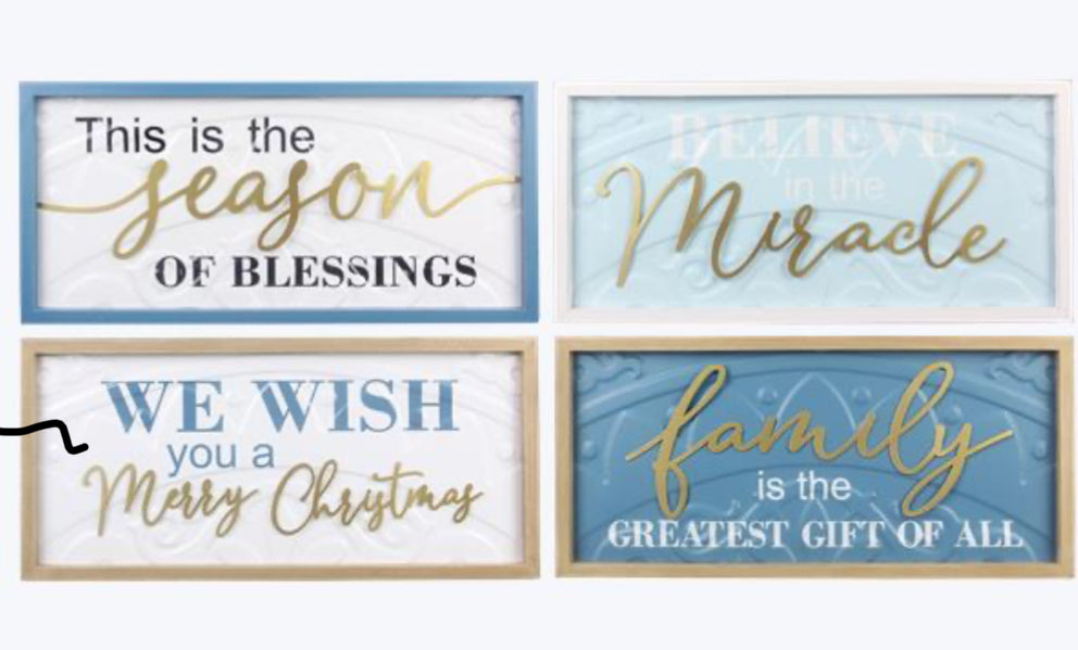 Wood Framed Blue & White Metal Christmas Sign