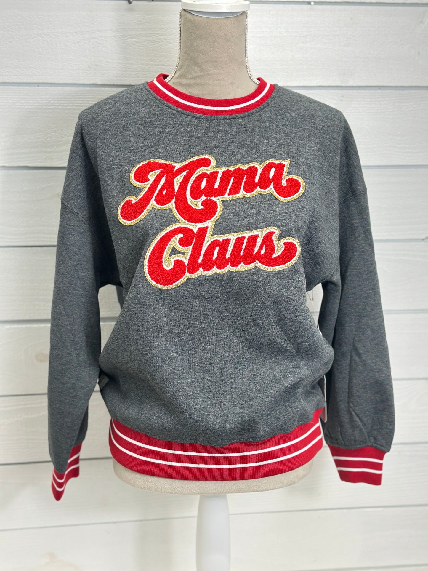 Simply Southern Mama Claus Grey Varsity Sweatshirt