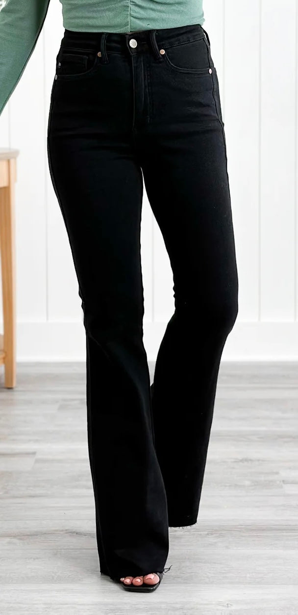Judy Blue Black High Waist Tummy Control Cut Hem Flare Jeans