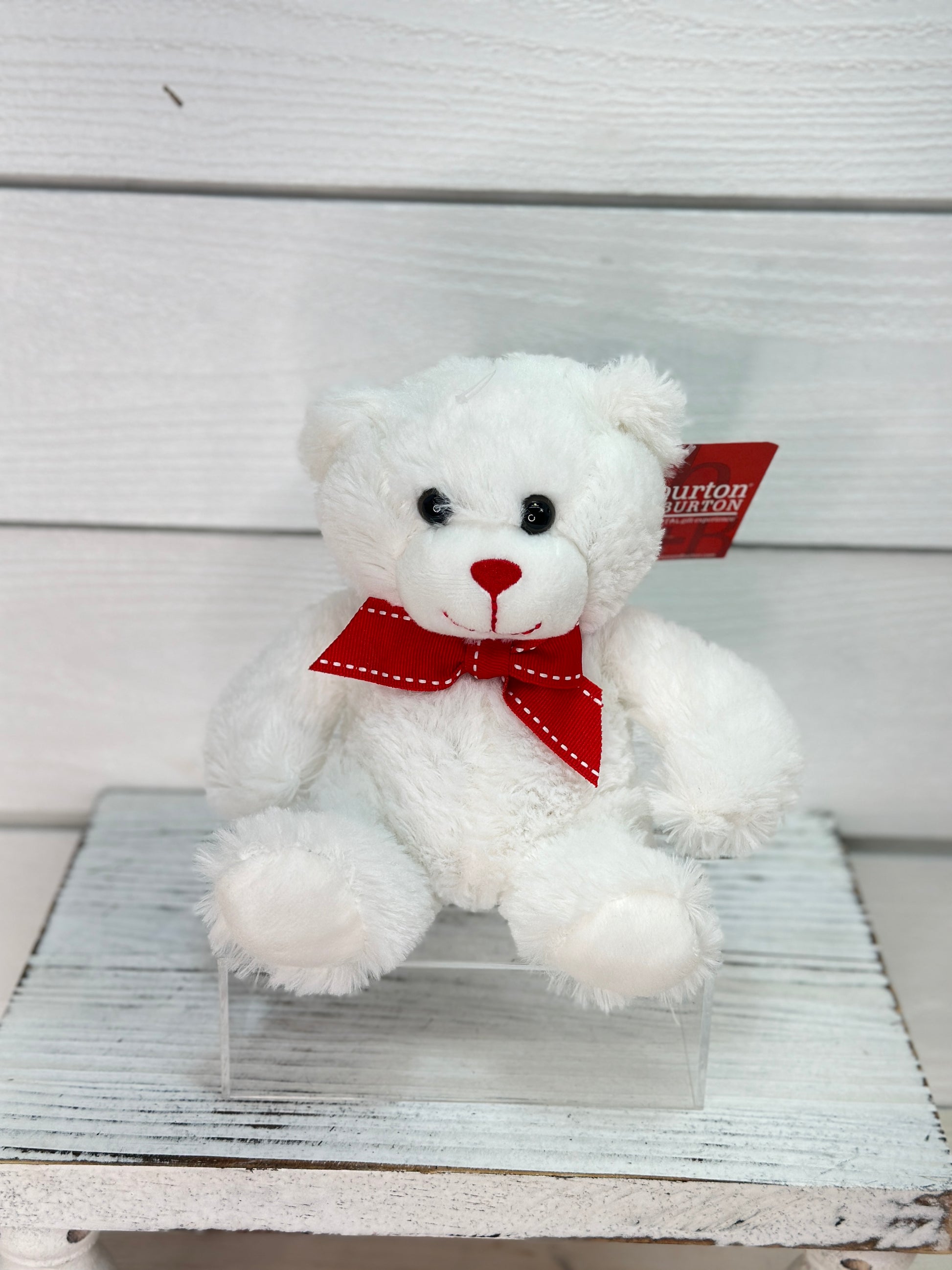 7" White Bear Plush With Red Bow