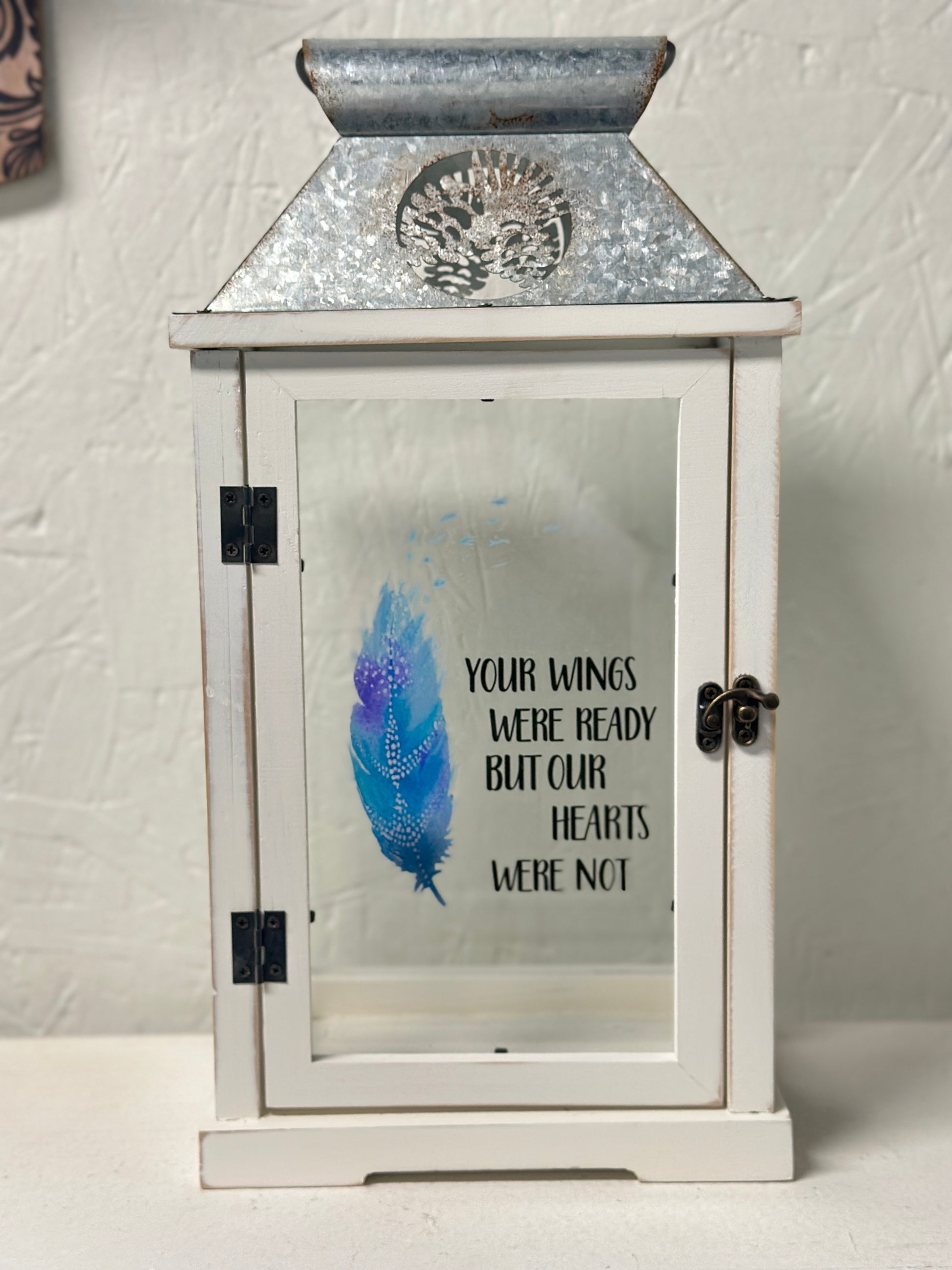 White Wooden Lantern With Galvanized Top