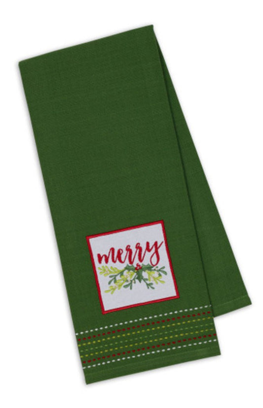 Green Tea Towel Merry/Holly Leaves