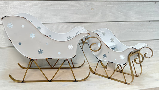 Metal Gold/White Sleigh With Snowflakes